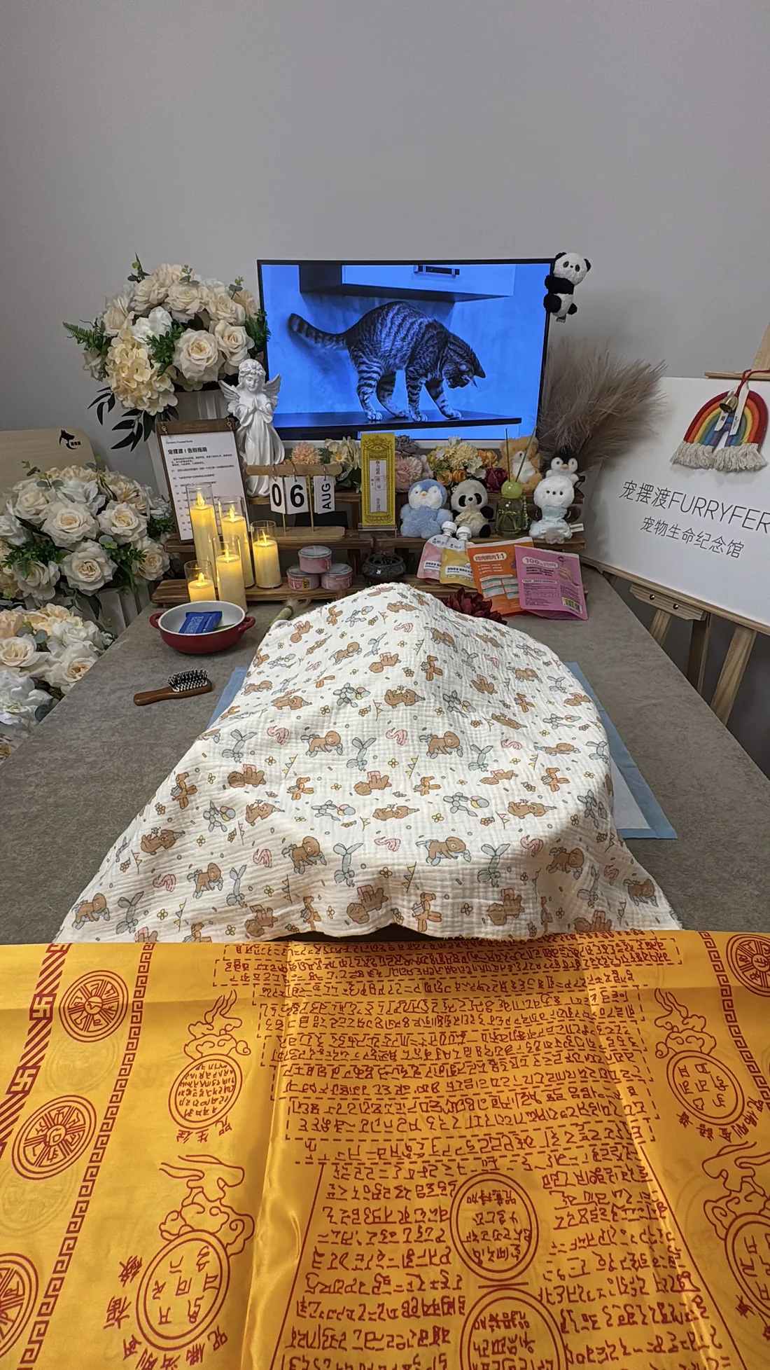 沧州宠物告别仪式中的鲜花与纪念照片